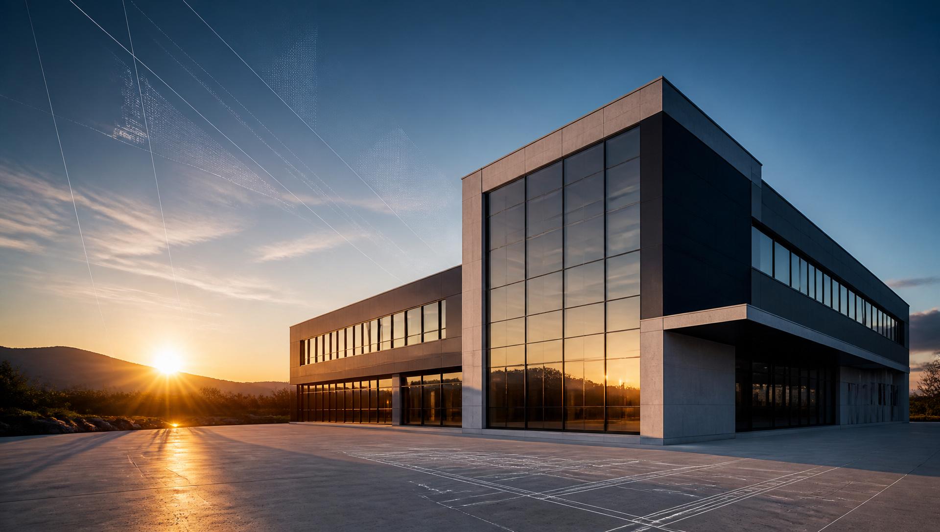 Modernes Bürogebäude mit Glasfassade im Abendlicht